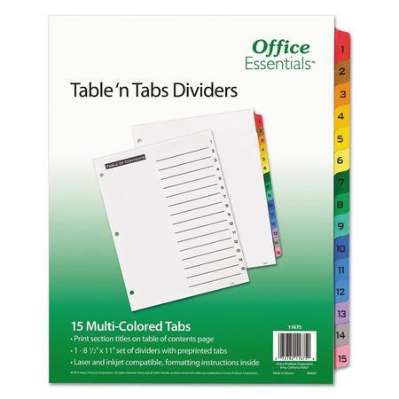 OFFICE ESSENTIALS Numeric Index Dividers 1-15, Multicolor, Pk15 11675